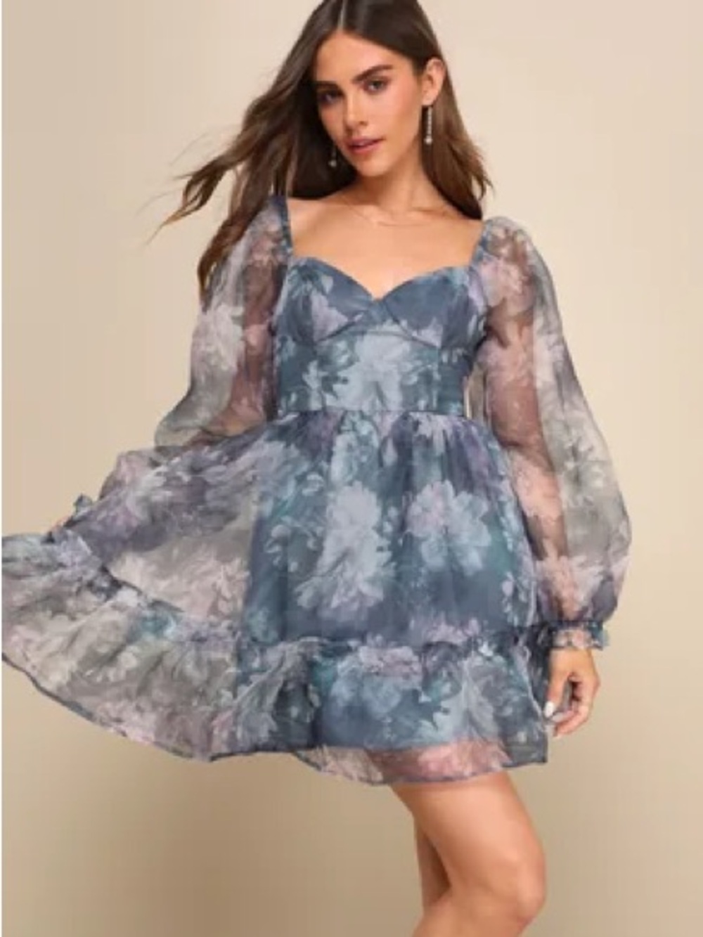 Floral Chiffon lulus Darling Fantasy Organza sheer puff sleeve babydoll dress XS